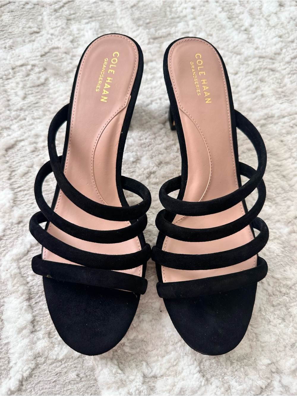 Cole Haan Black Multi-Strap Suede Mule Heels